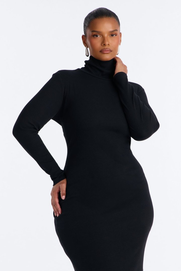 Alina Turtleneck Ribbed Midi Dress - Black