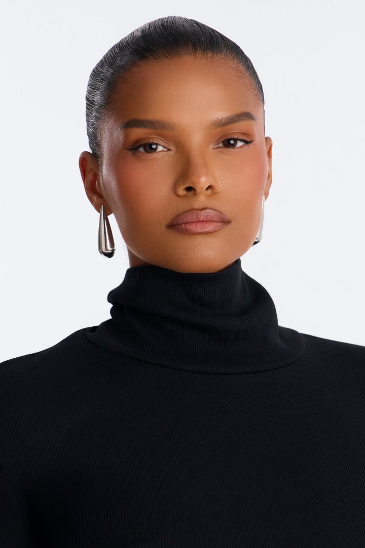 Alina Turtleneck Ribbed Midi Dress - Black