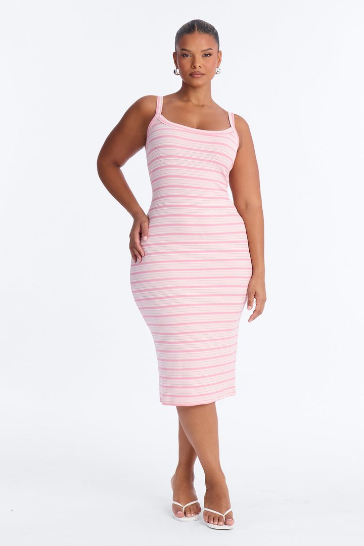 Jovana Striped Ribbed Midi Dress - Pink/combo