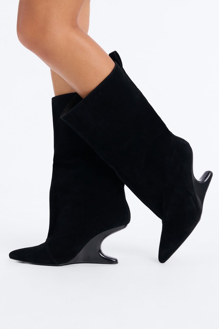 Restless Suede Novelty Heeled Boots - Black