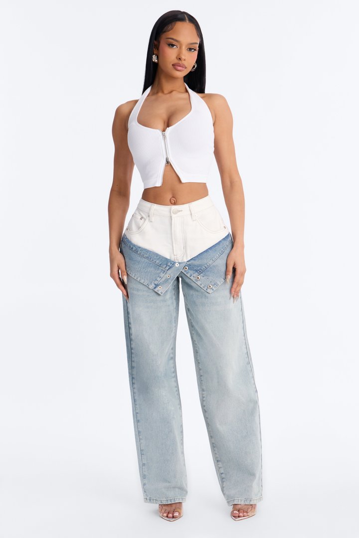 Doubled Up Contrast Denim Foldover Straight Leg Jeans - Light Wash
