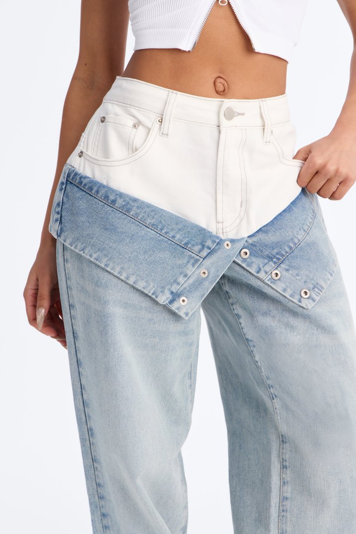 Doubled Up Contrast Denim Foldover Straight Leg Jeans - Light Wash