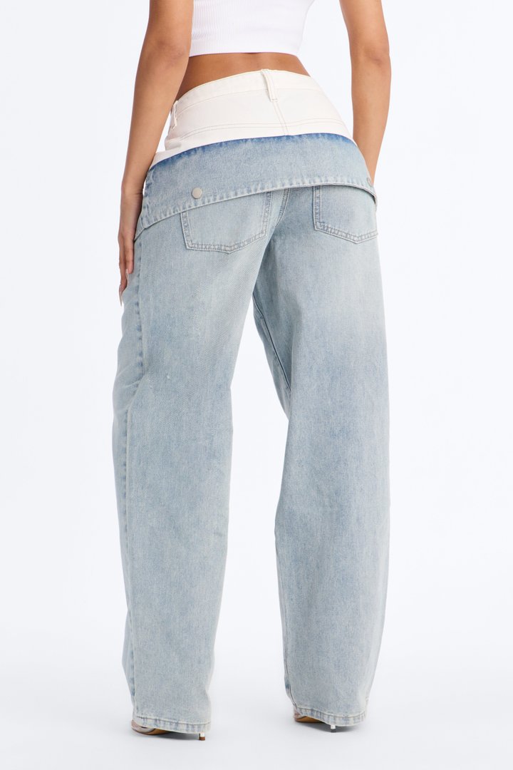 Doubled Up Contrast Denim Foldover Straight Leg Jeans - Light Wash