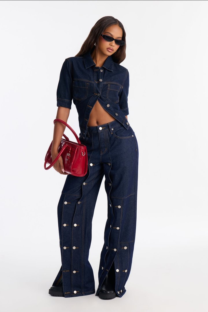 Memory Lane Buttoned High Rise Wide Leg Jeans - Dark Denim