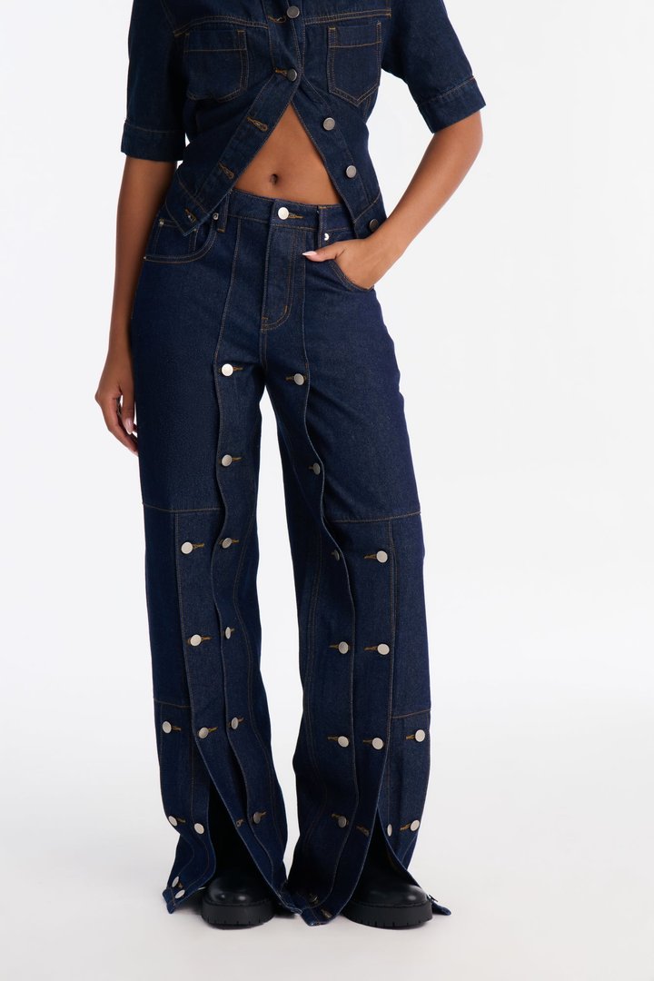 Memory Lane Buttoned High Rise Wide Leg Jeans - Dark Denim