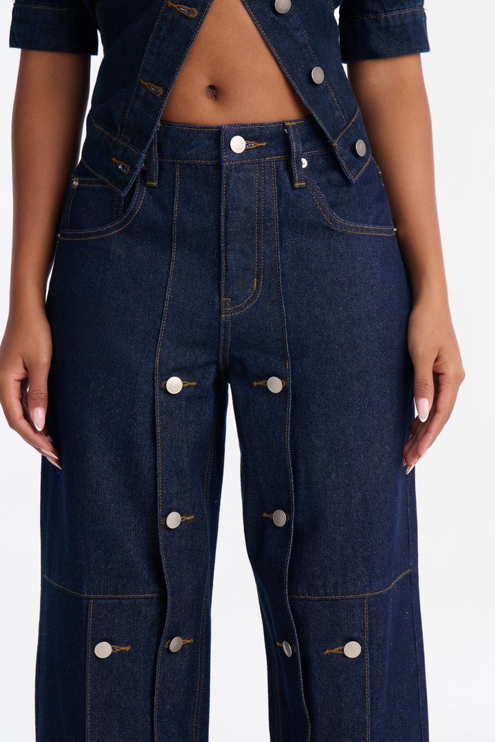 Memory Lane Buttoned High Rise Wide Leg Jeans - Dark Denim