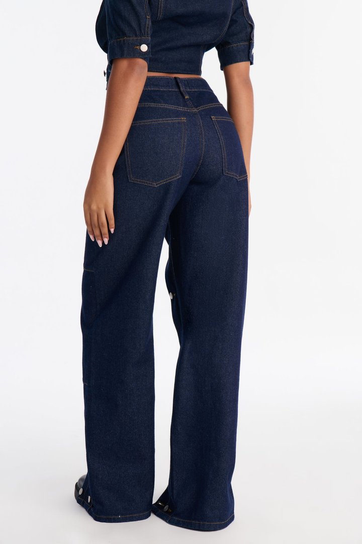 Memory Lane Buttoned High Rise Wide Leg Jeans - Dark Denim