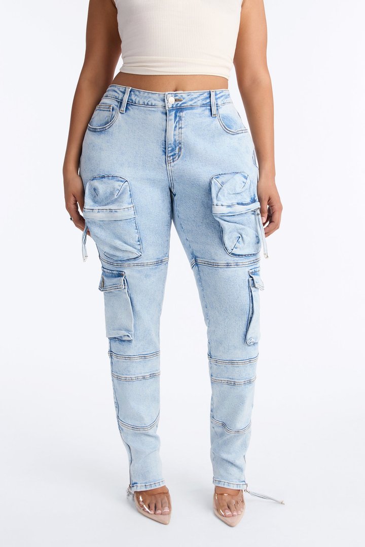 Street Smarts Stretch Slim Straight Cargo Jeans - Light Wash