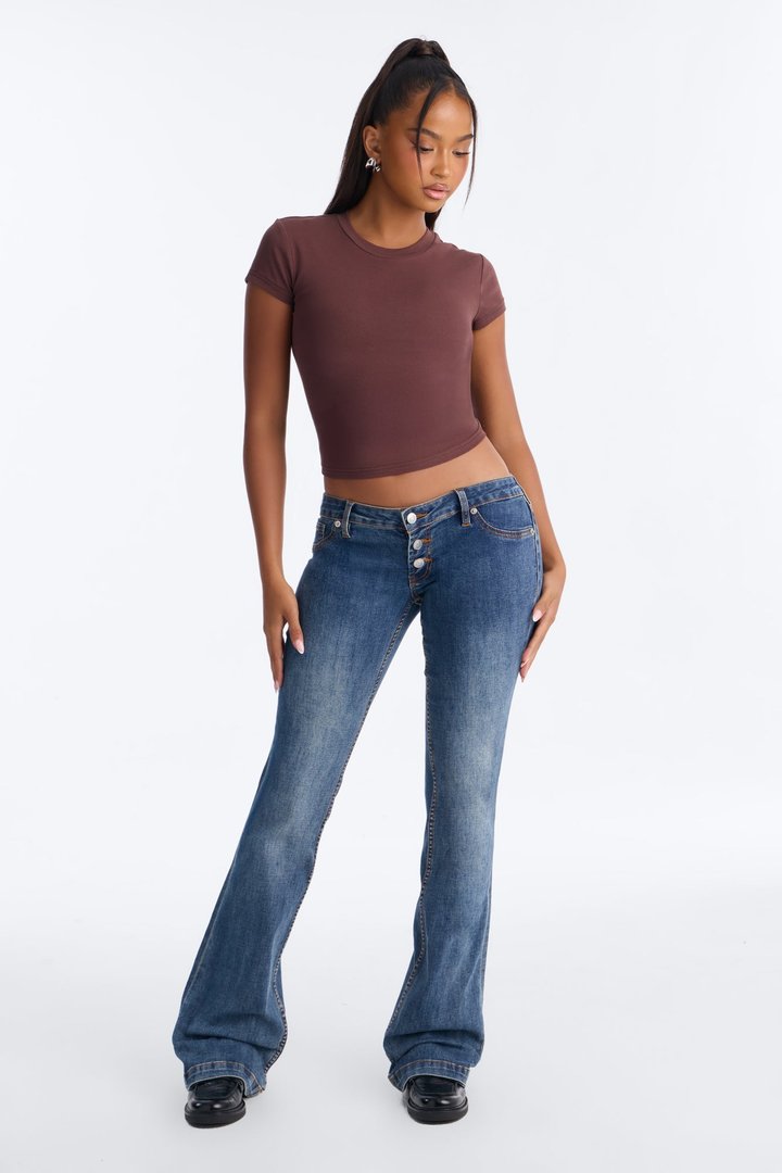 Take A Ride Ultra Low Rise Buttonfly Flare Jeans - Dark Wash
