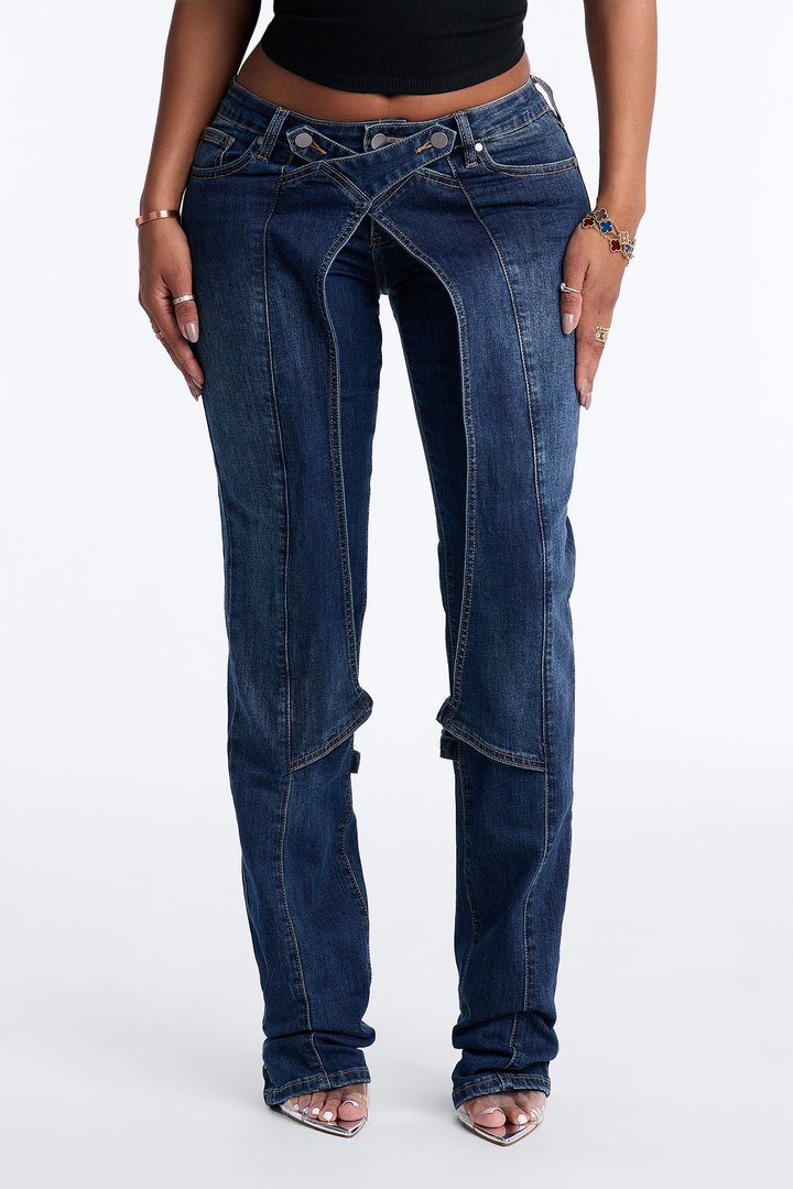 Cross My Mind Stacked Low Rise Slim Straight Leg Jeans - Dark Wash