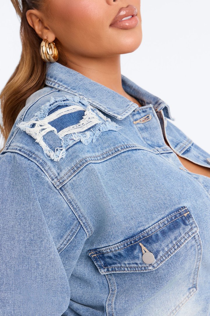 No Return Reconstructed Cropped Denim Jacket - Medium Wash