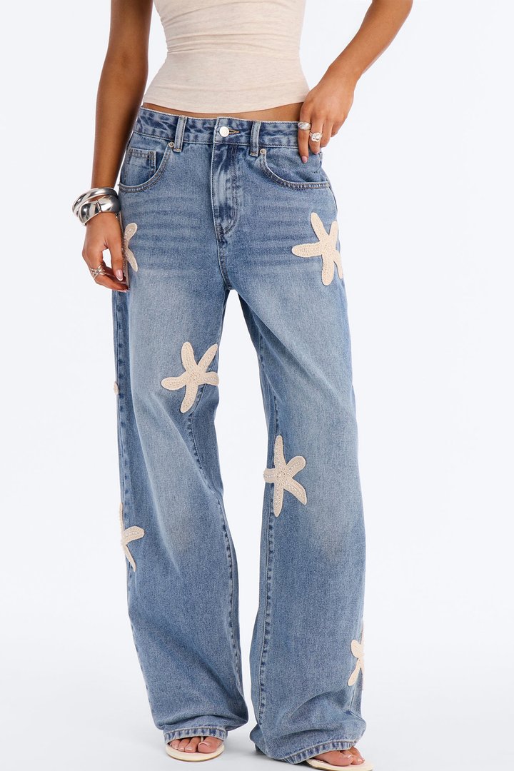 Sea Treasure Crochet Embellished Straight Leg Jeans - Medium Wash