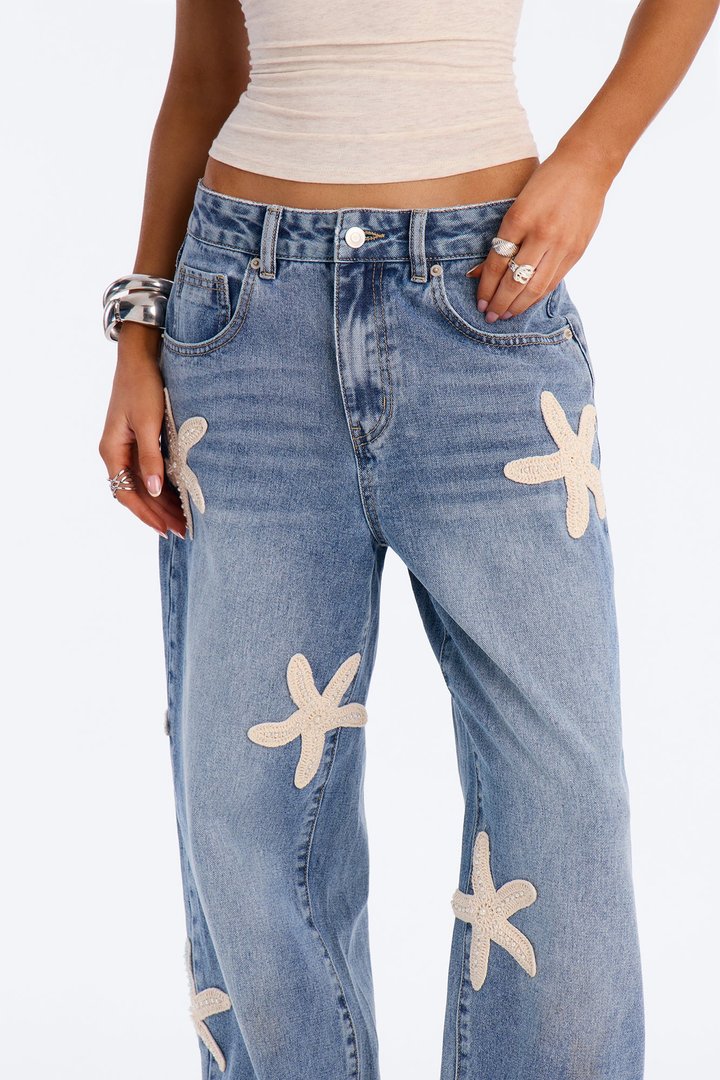 Sea Treasure Crochet Embellished Straight Leg Jeans - Medium Wash