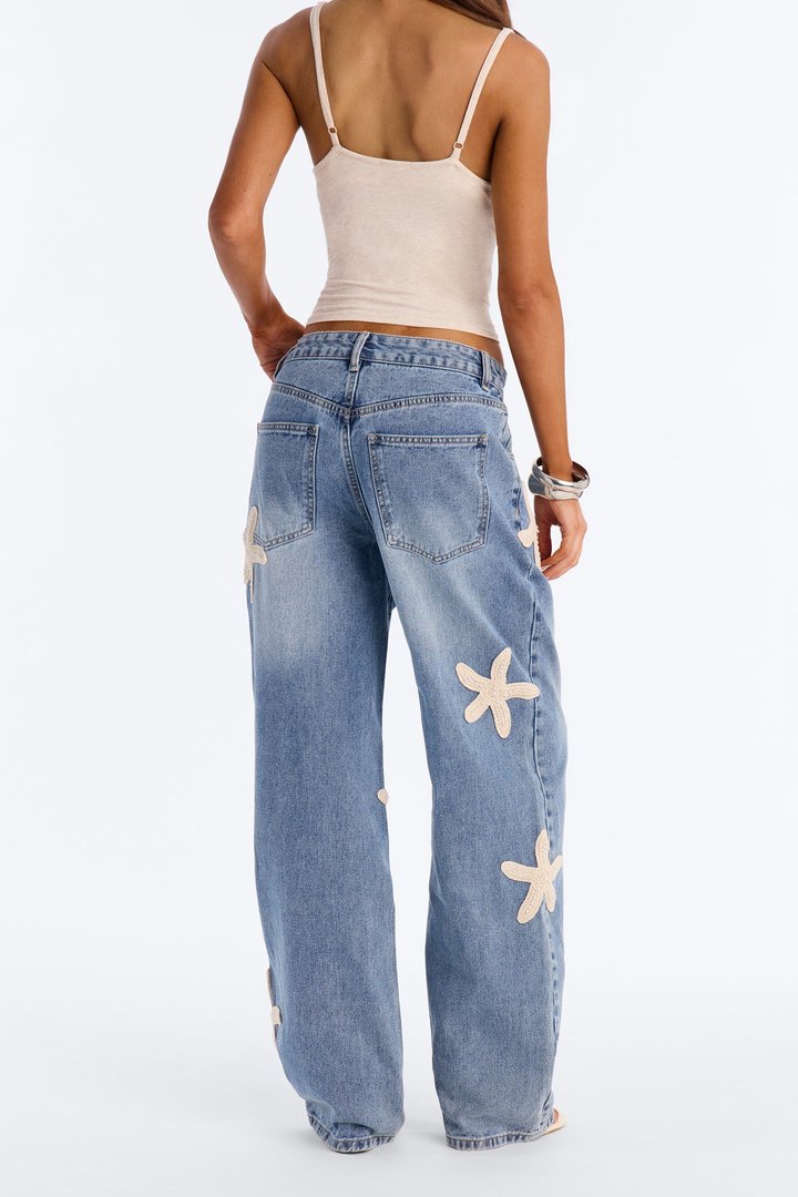 Sea Treasure Crochet Embellished Straight Leg Jeans - Medium Wash