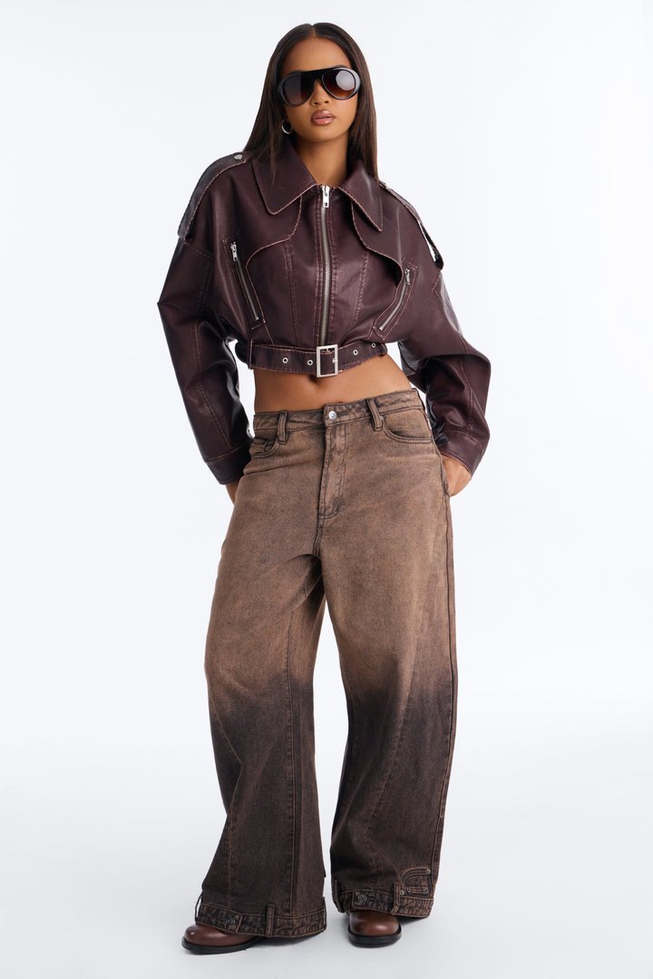 Give You Looks Upside Down Non Stretch Wide Leg Jeans - Rust