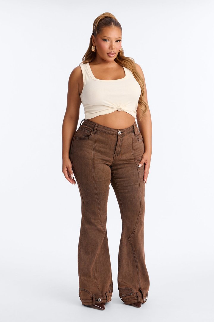 A Hot Take Upside Down Low Rise Stretch Flare Jeans - Rust