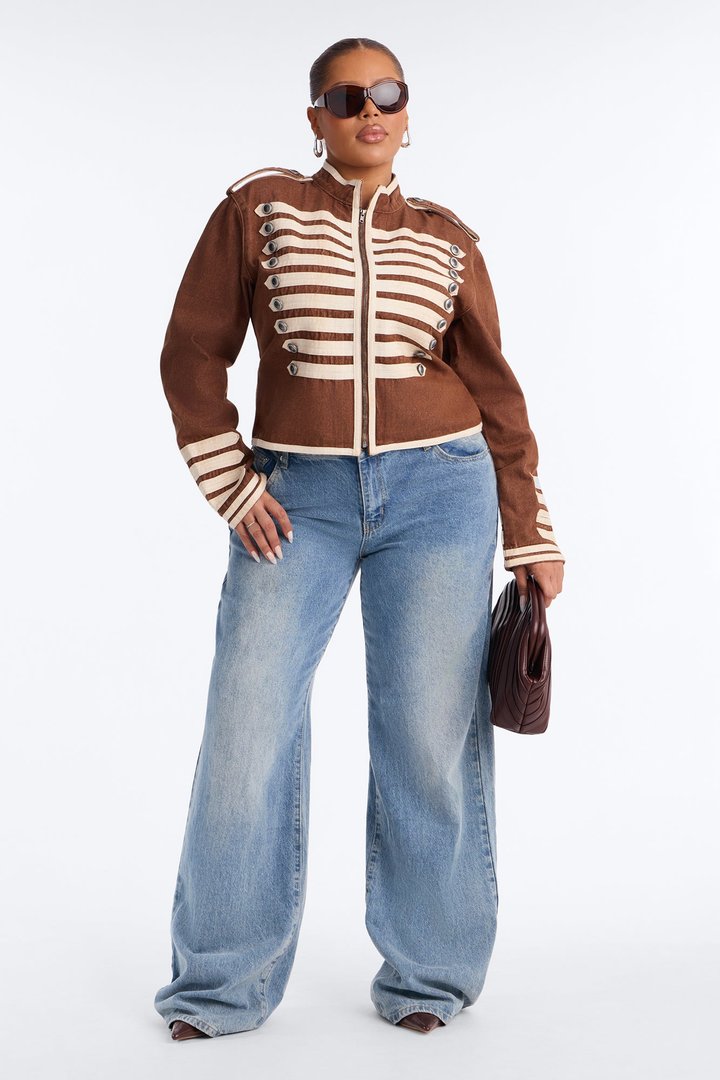 City General Zip Military Denim Jacket - Brown