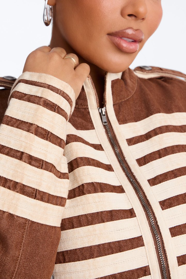 City General Zip Military Denim Jacket - Brown