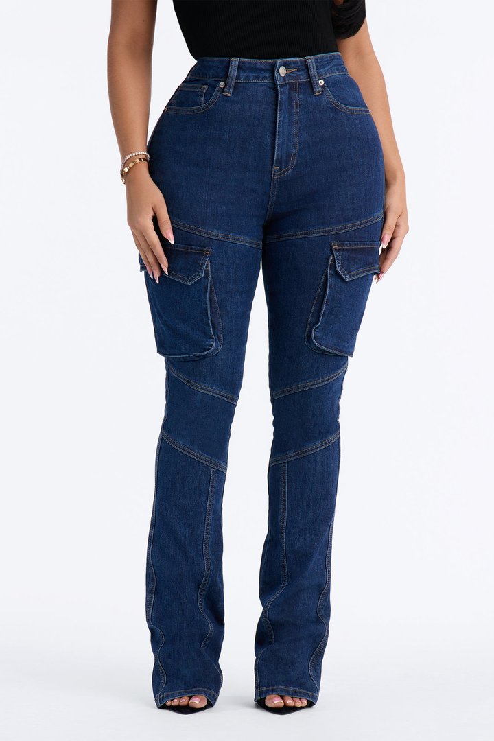 Night Run Cargo High Rise Bootcut Jeans - Dark Wash