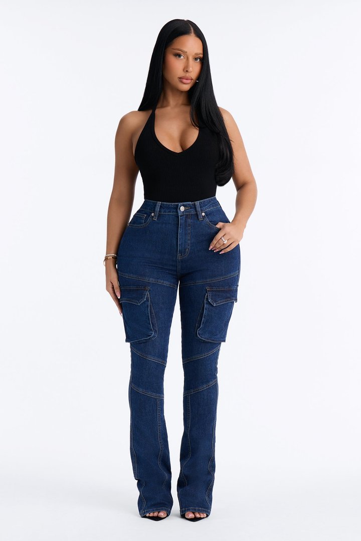 Night Run Cargo High Rise Bootcut Jeans - Dark Wash