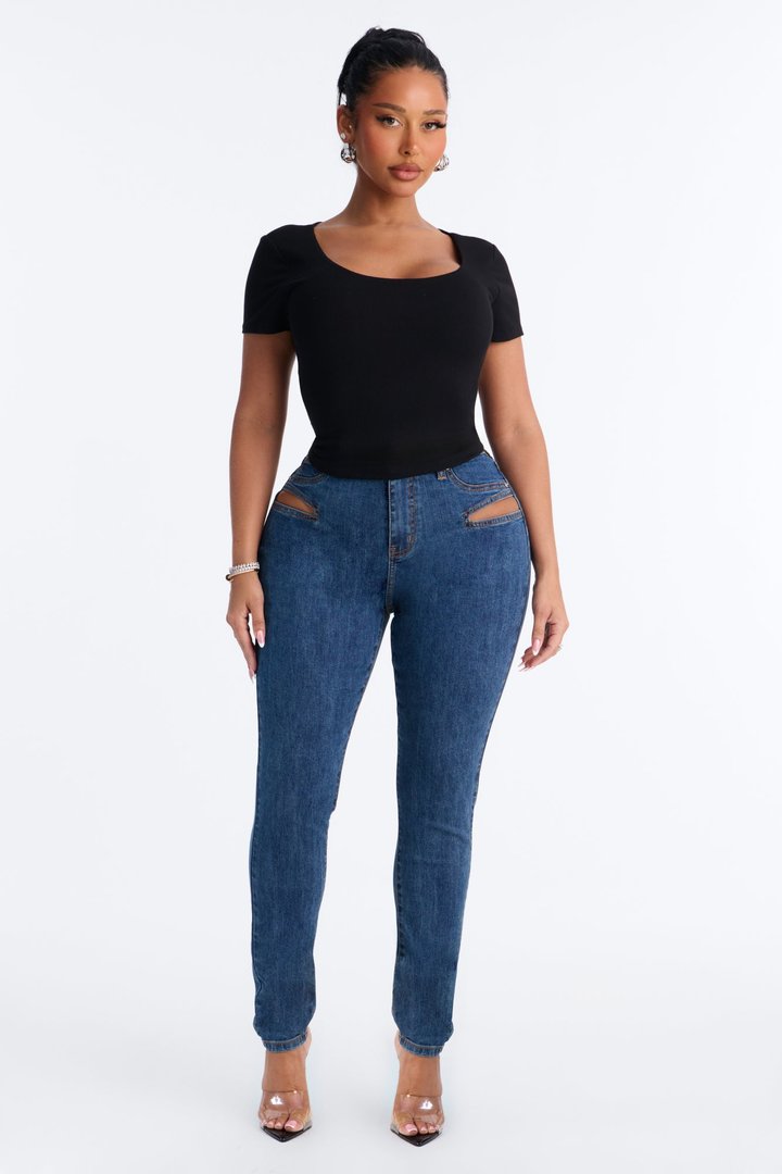 Late Nights Cut Out High Rise Skinny Jeans - Dark Wash