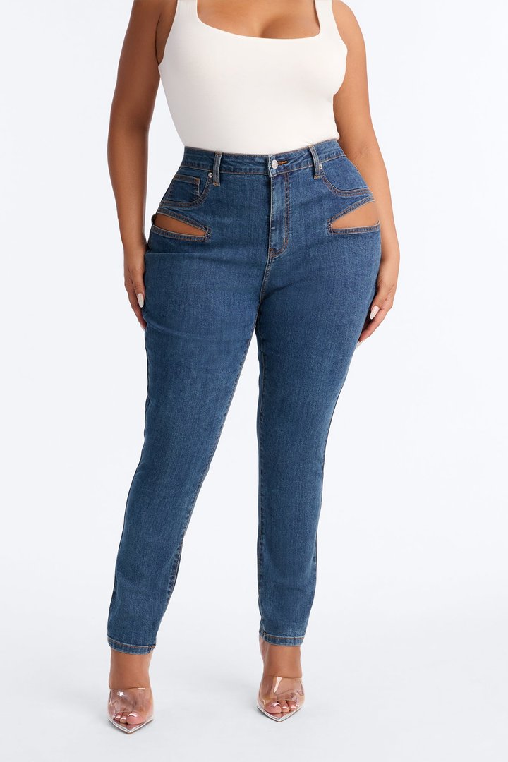 Late Nights Cut Out High Rise Skinny Jeans - Dark Wash