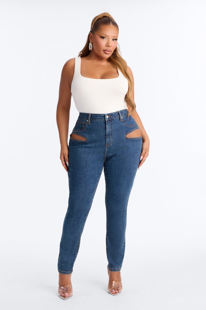 Late Nights Cut Out High Rise Skinny Jeans - Dark Wash