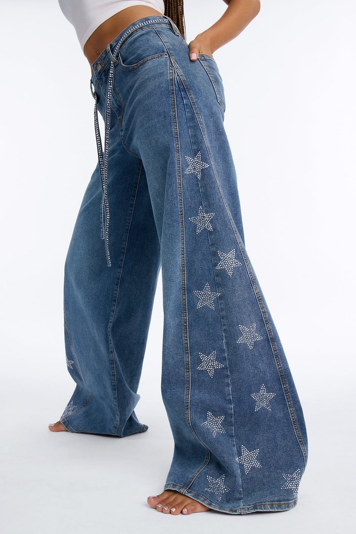 Seeing Stars Embellished Belted Wide Leg Jeans - Medium Wash