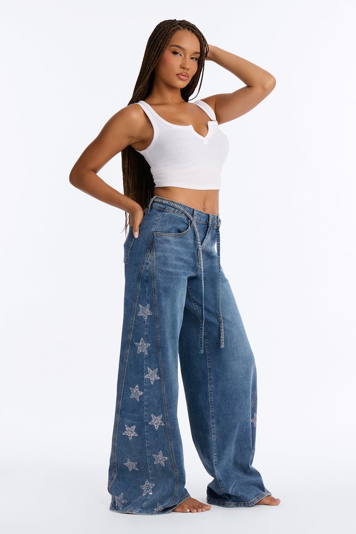 Seeing Stars Embellished Belted Wide Leg Jeans - Medium Wash