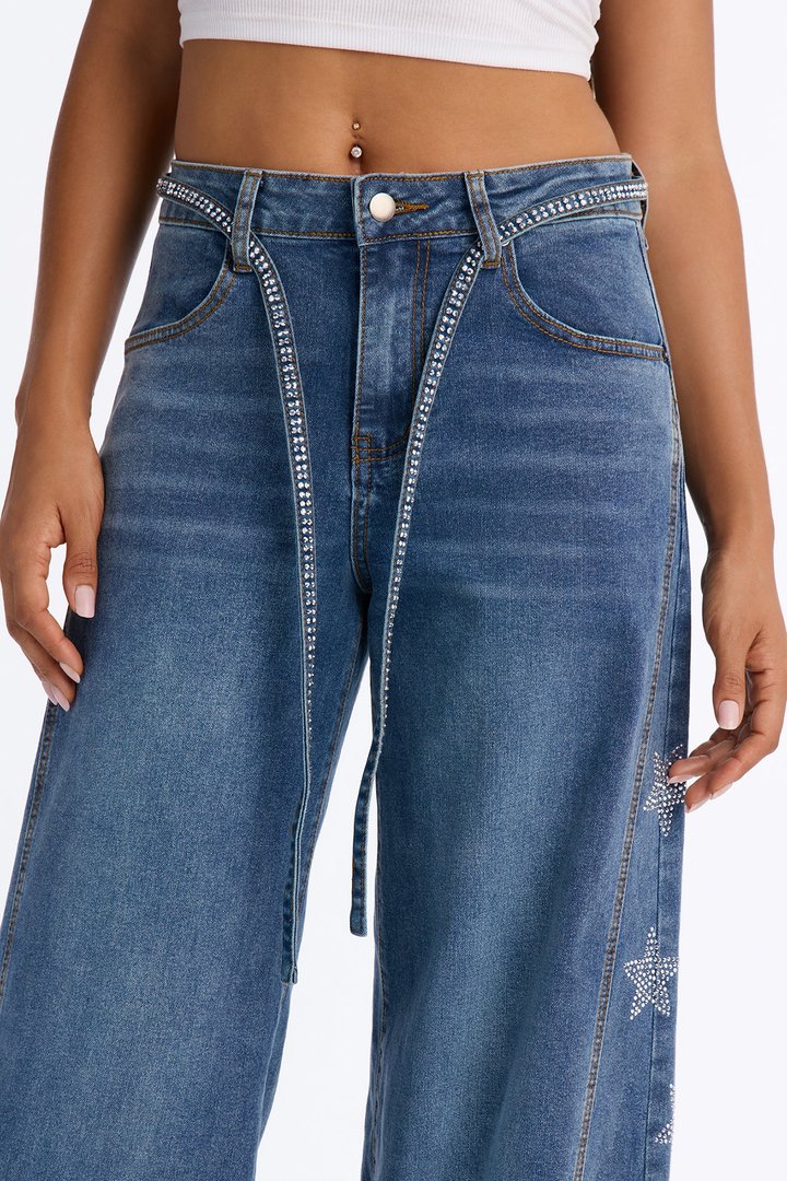 Seeing Stars Embellished Belted Wide Leg Jeans - Medium Wash
