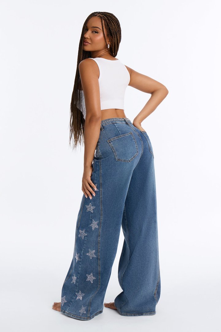 Seeing Stars Embellished Belted Wide Leg Jeans - Medium Wash