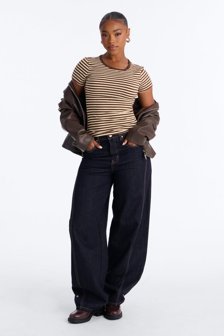 Taylor Striped Crew Neck Short Sleeve Top - Brown/combo
