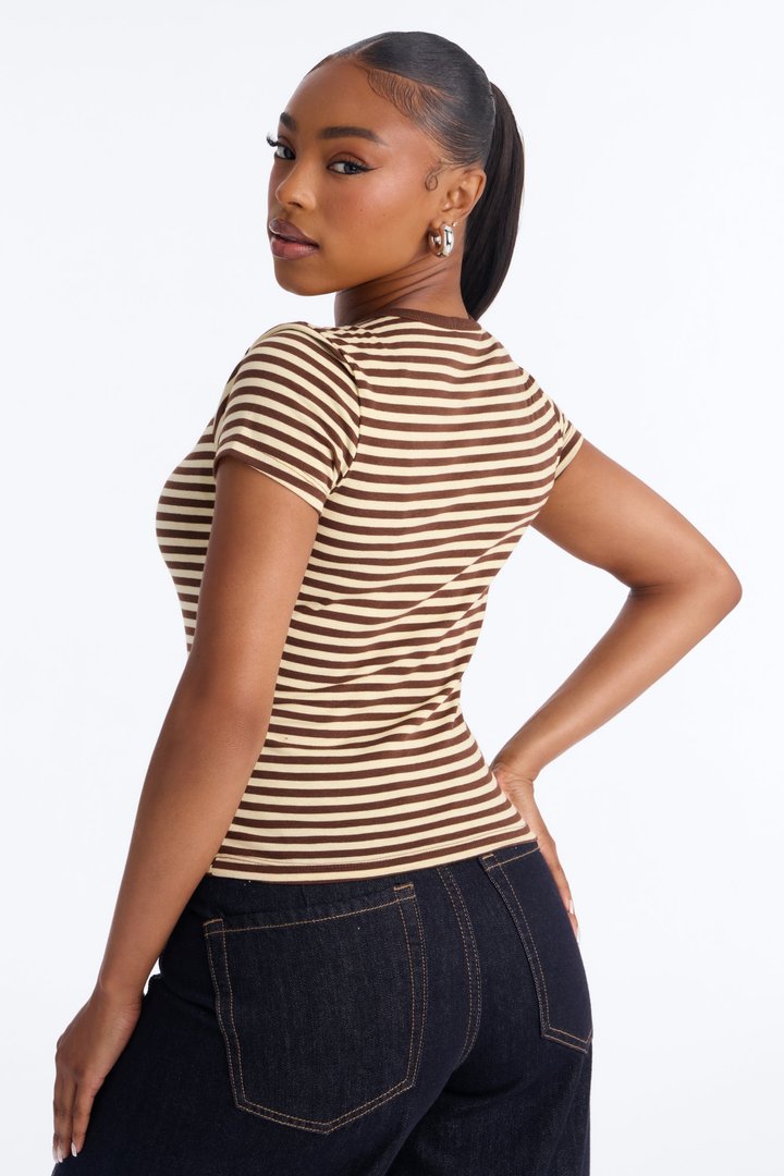 Taylor Striped Crew Neck Short Sleeve Top - Brown/combo