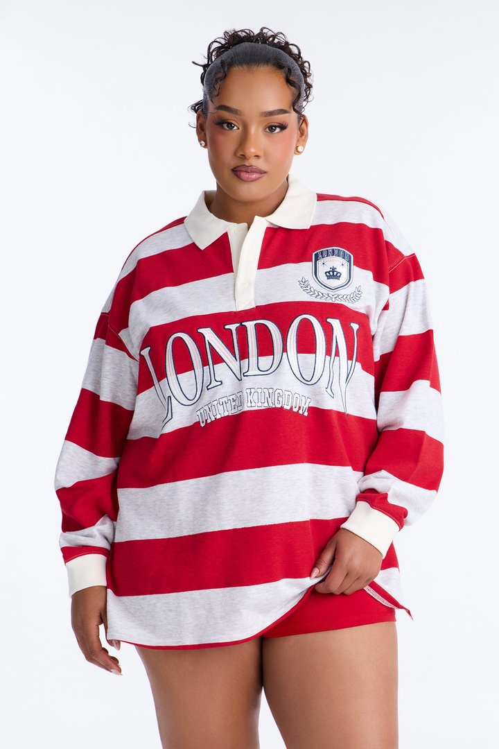 London Stripe Polo Fold Over Waistband Short Set - Red/combo
