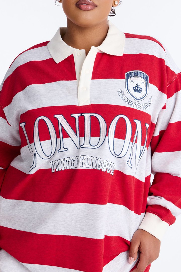 London Stripe Polo Fold Over Waistband Short Set - Red/combo