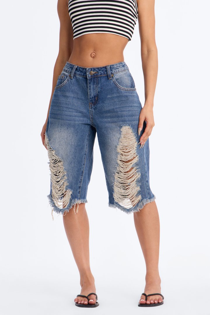 Laurali Ripped Denim Jorts - Dark Wash