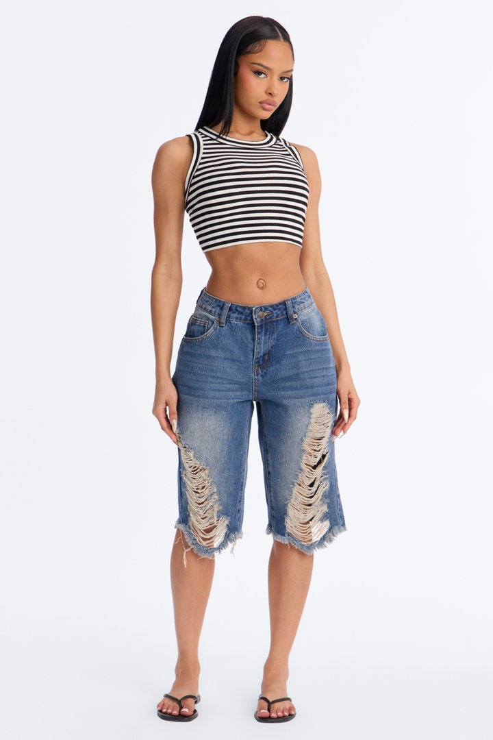 Laurali Ripped Denim Jorts - Dark Wash