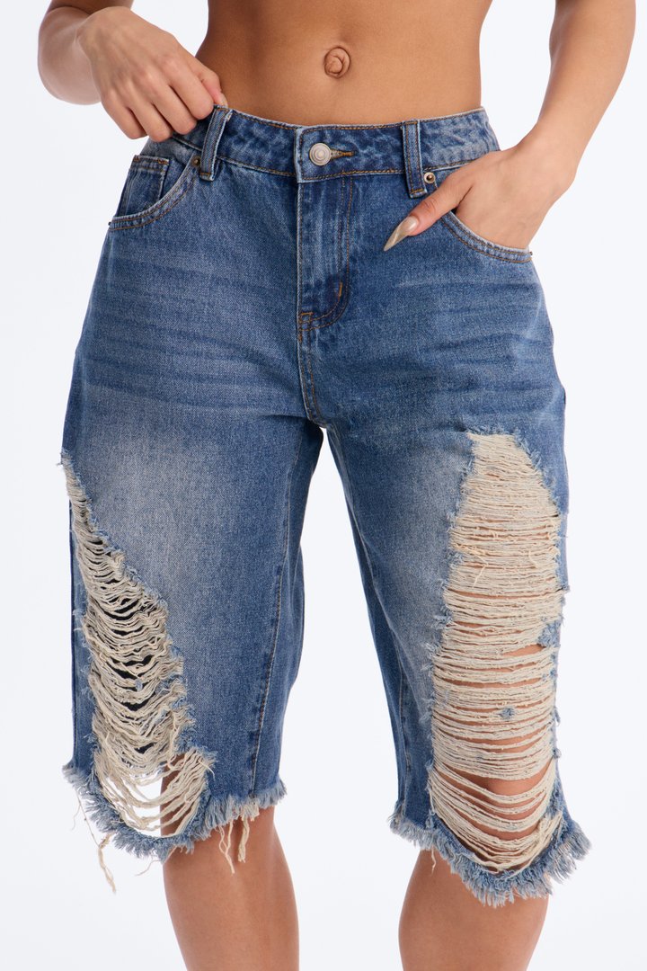 Laurali Ripped Denim Jorts - Dark Wash