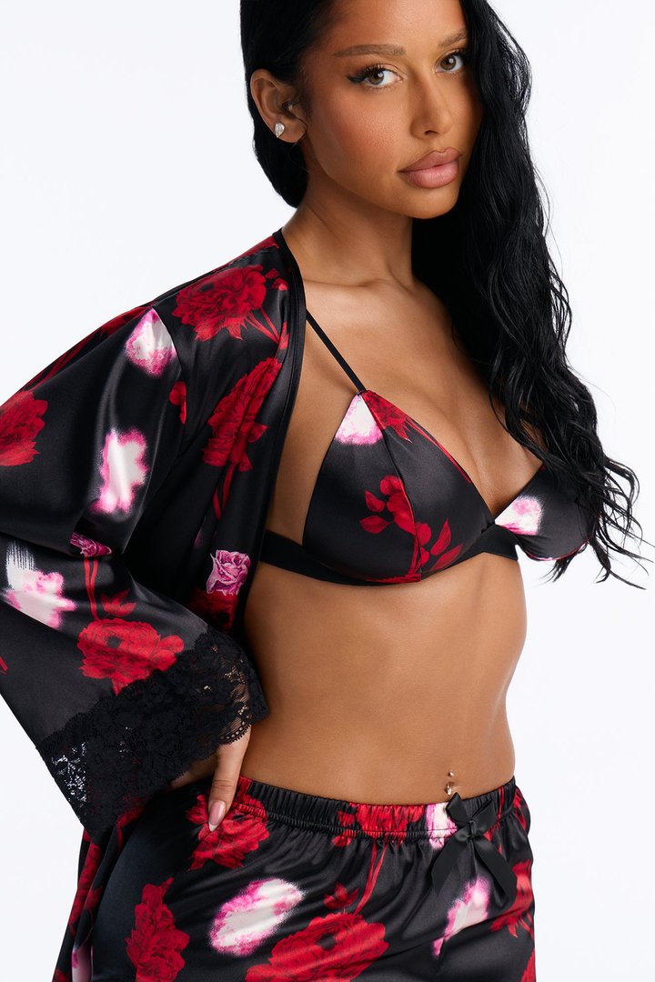 Petal Power Satin 3 Piece Robe Set - Black/combo