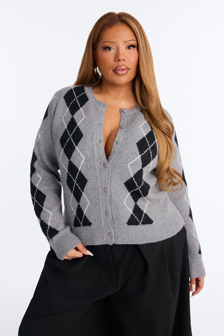 She Reads Argyle Sweater - Grey/combo