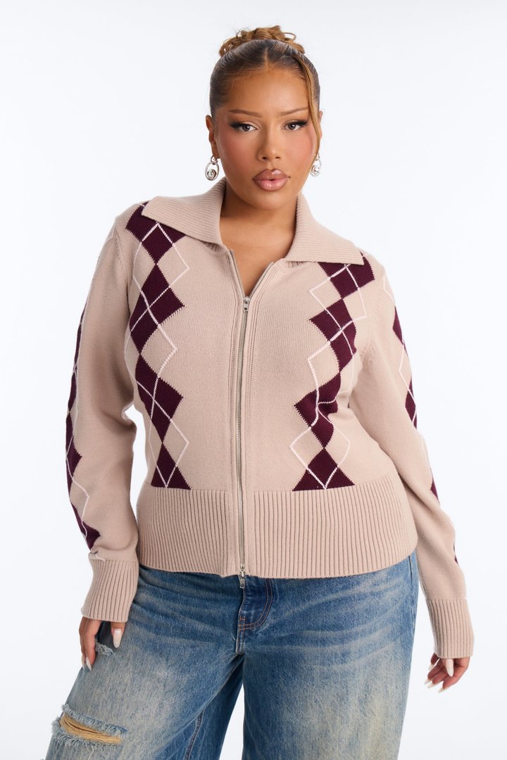 Status Update Front Zip Argyle Cardigan - Oatmeal/combo