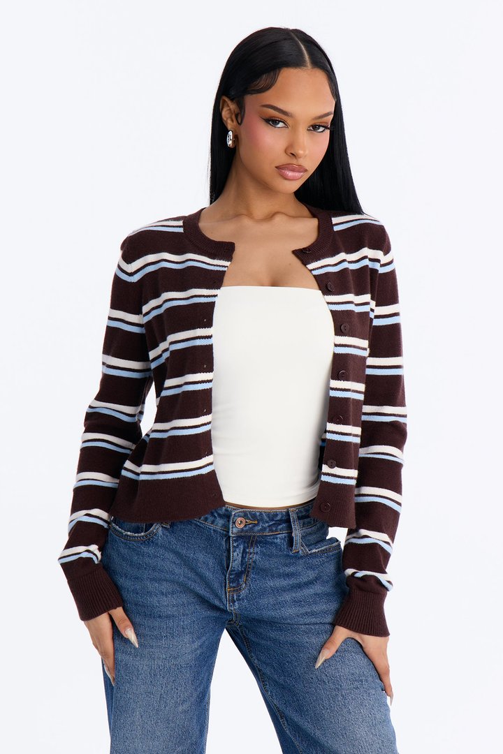 Connie Striped Boat Neck Cardigan - Chocolate/Combo