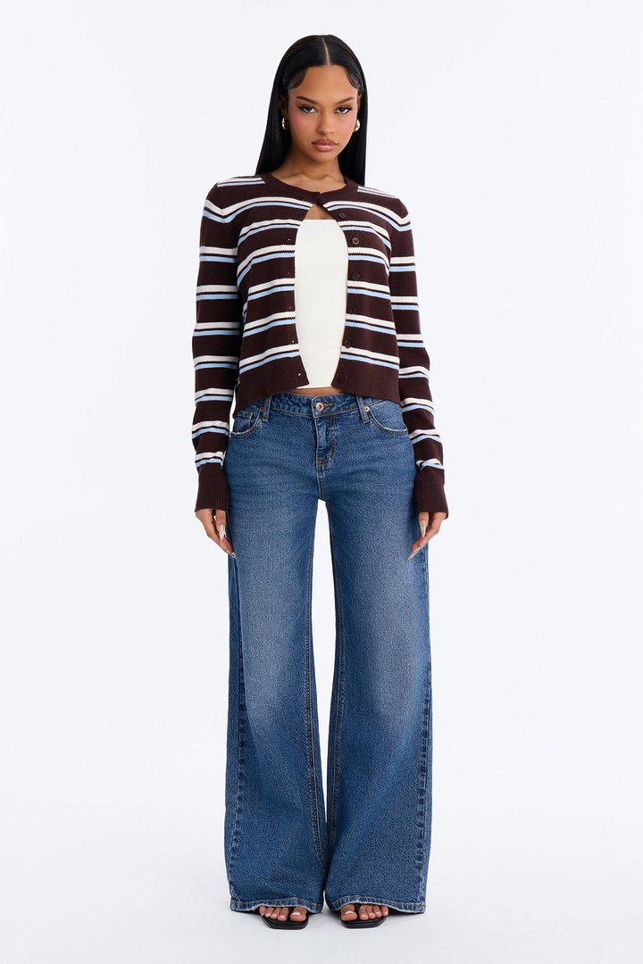 Connie Striped Boat Neck Cardigan - Chocolate/Combo