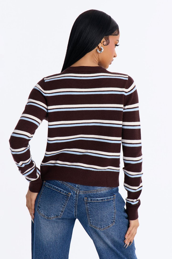 Connie Striped Boat Neck Cardigan - Chocolate/Combo