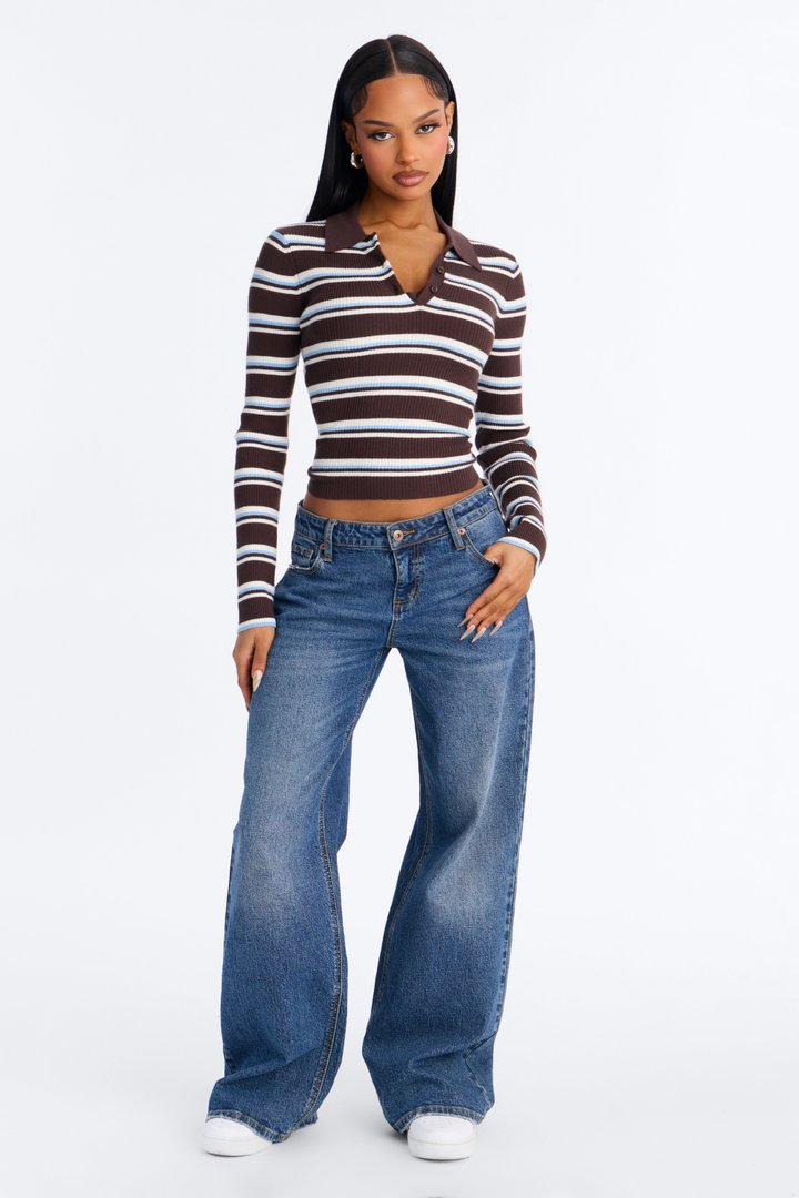 Ashtin Ribbed Polo Sweater - Brown/combo