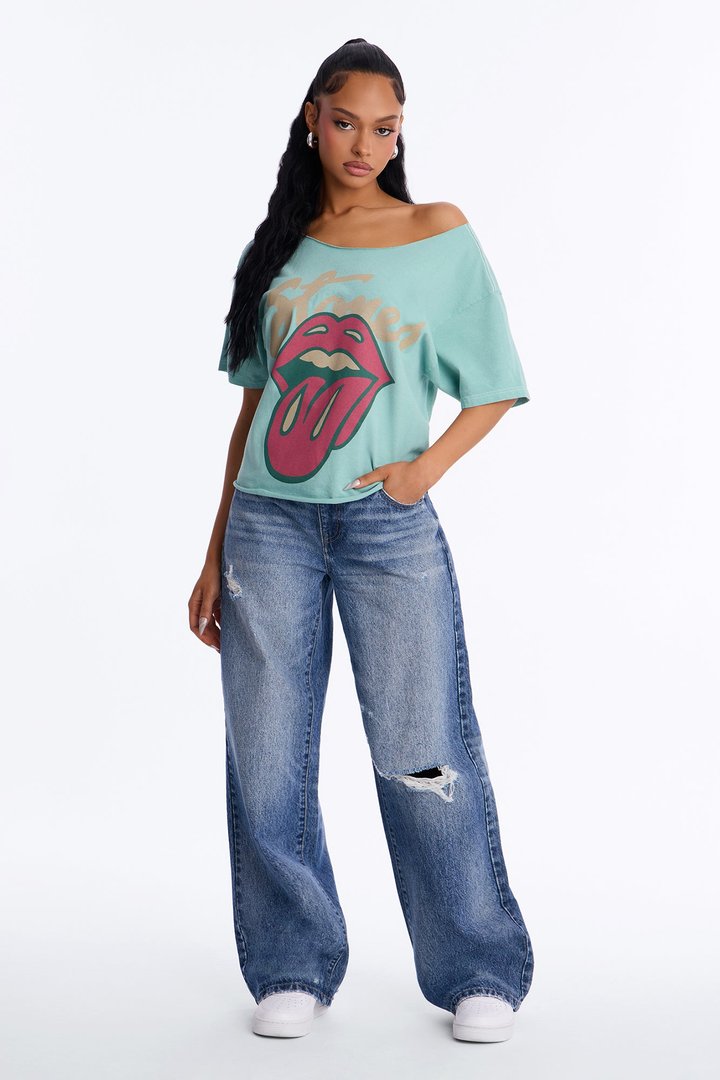 Rolling Stones Hot Lips Off Shoulder Cropped Tee - Aqua