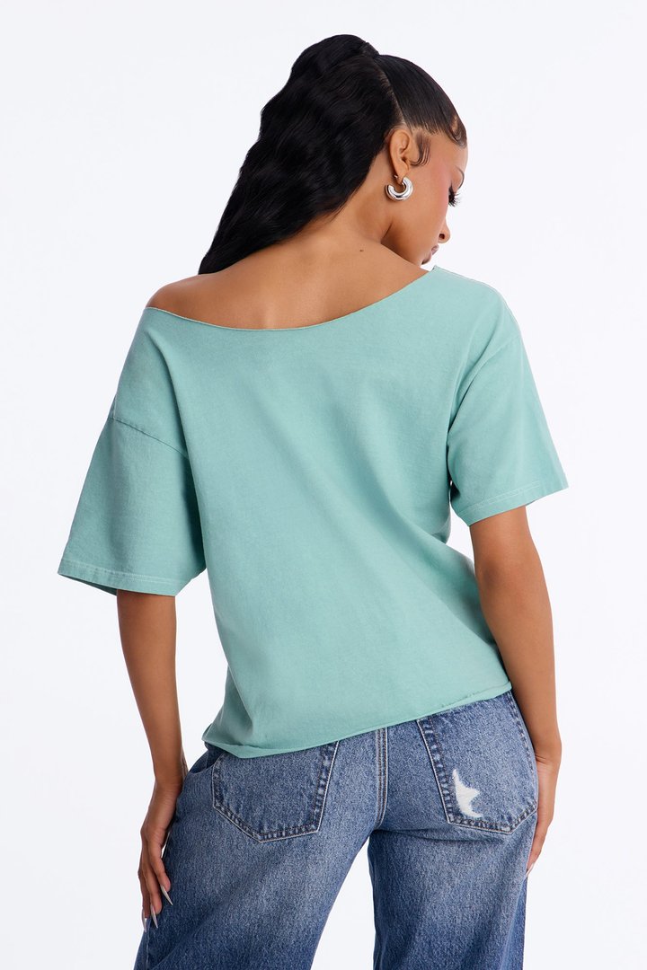 Rolling Stones Hot Lips Off Shoulder Cropped Tee - Aqua