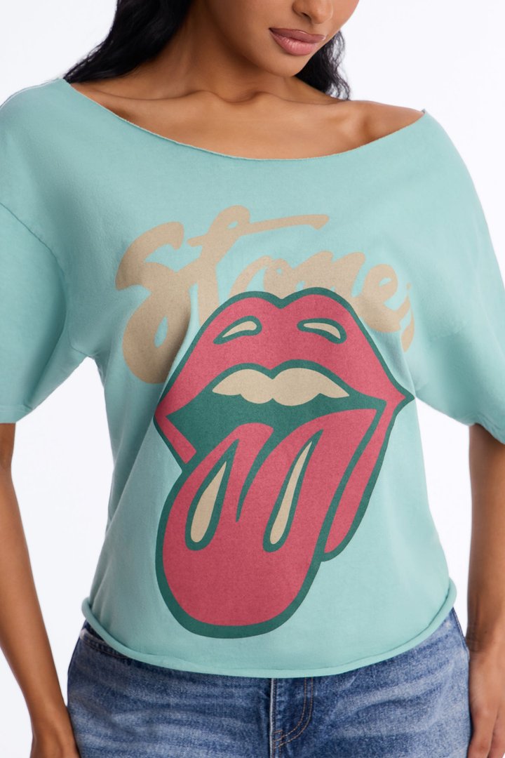Rolling Stones Hot Lips Off Shoulder Cropped Tee - Aqua