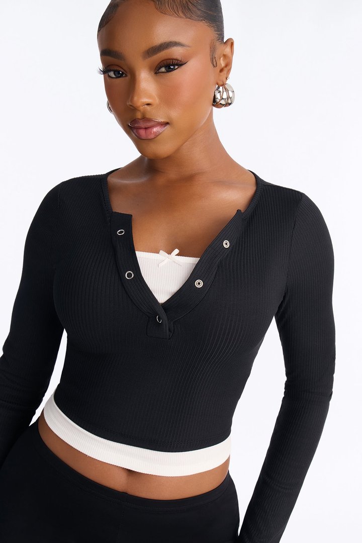 Masie Double Layered Henley Top - Black