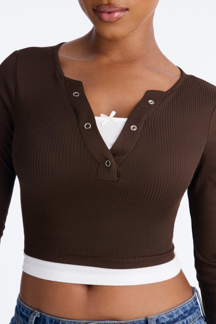 Masie Double Layered Henley Top - Chocolate